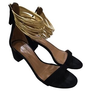 Aquazzura Black Suede Block Heels w/ Gold Multiple Straps at Ankle Back Zip 7.5